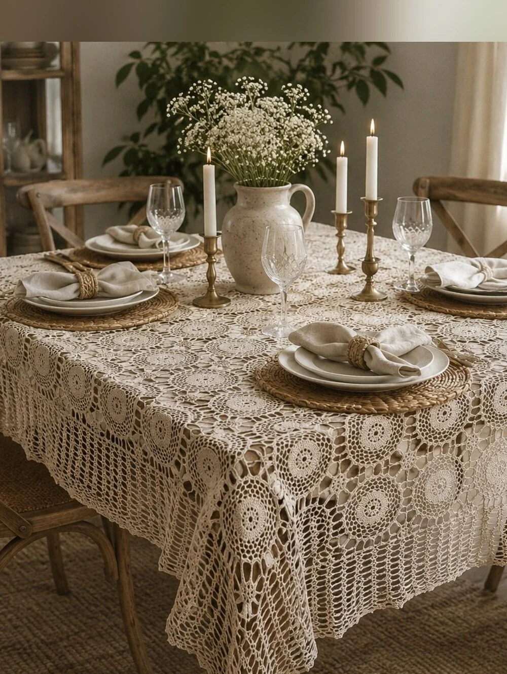 NWT.Beige Hand Work  Crochet Lace Tablecloth  Neutral Table Linen 100% Cotton.